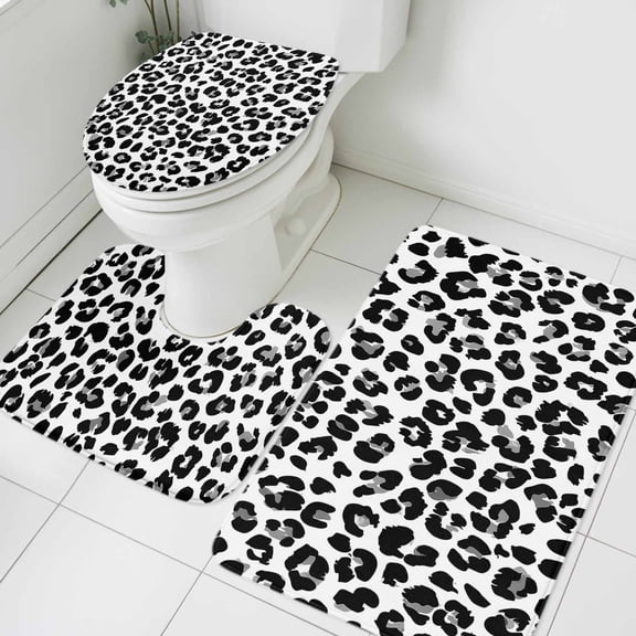 Black Leopard Stripes Bathroom Rugs Set Retro Black White Animal Print Non Slip Absorbent Soft Bath Mats 3 Piece Set with Bathroom Rug, U-Shaped Floor Mat, Toilet Seat Cover Small Size