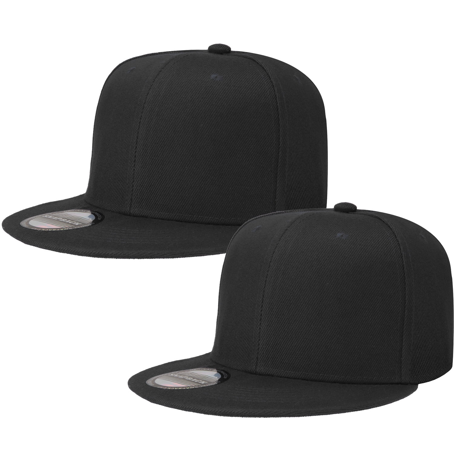 2-pack Classic Snapback Hat Cap Hip Hop Style Flat Bill Blank Solid Color Adjustable Size Black & Black