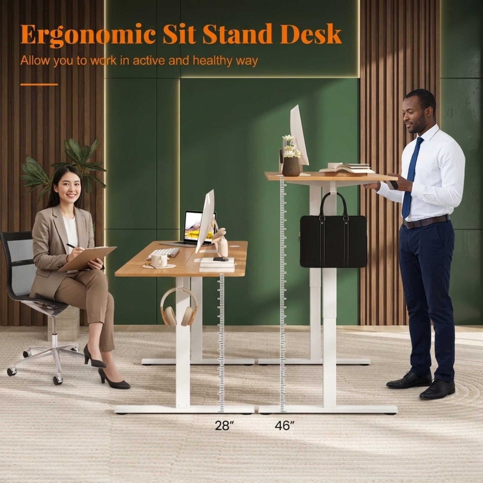 Furnibear Electric Standing Desk with 3 Memory Heights Adjustable Height Sit Stand Home Office Desk with Hooks and Cable Holes, Natural