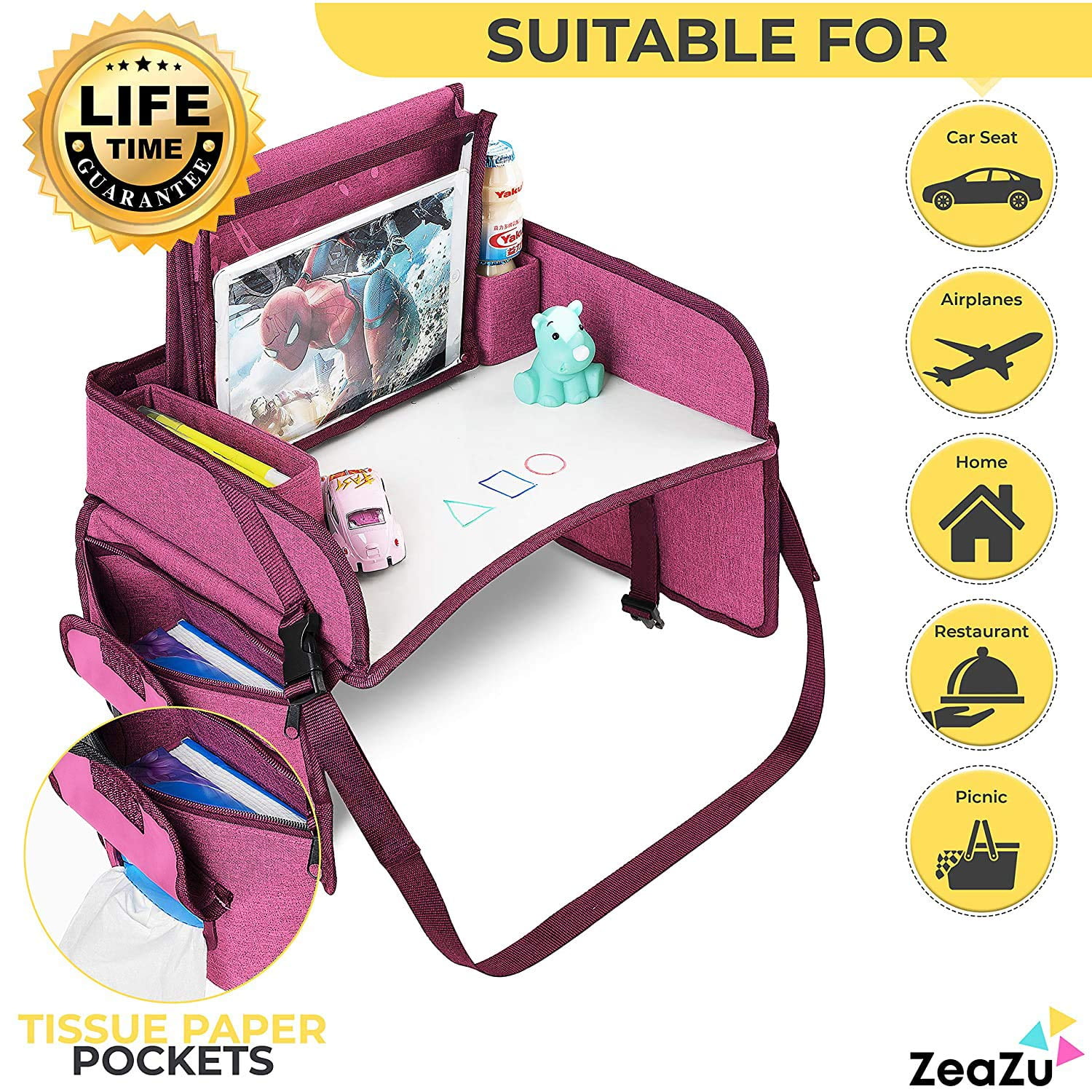 Kids Travel Tray with Bag - Toddler Car Seat Tray, Foldable Lap Travel Table Desk with iPad Holder, Drawing Board, Storage Pocket Organizer for Child Road Trip, Car Stroller, Airplane - Pink