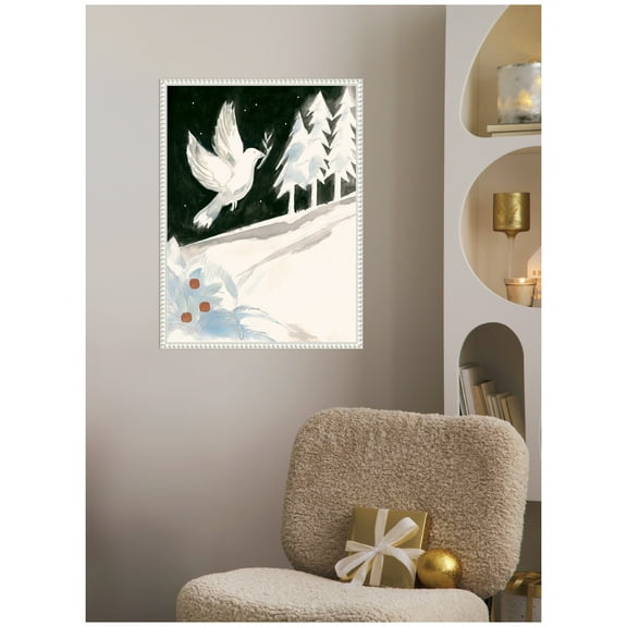 Kate and Laurel Framed Canvas Wall Art Print 'Peace Dove' by Teju Reval, 18 x 24 Sylvie Beaded White Frame, Rustic Farmhouse, Animal Art for Wall Decor