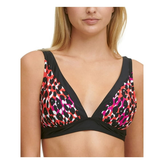 DKNY Women's Black Printed Stretch Bow-Back Bikini Removable Cups Deep V Neck Adjustable Swimsuit Top XL