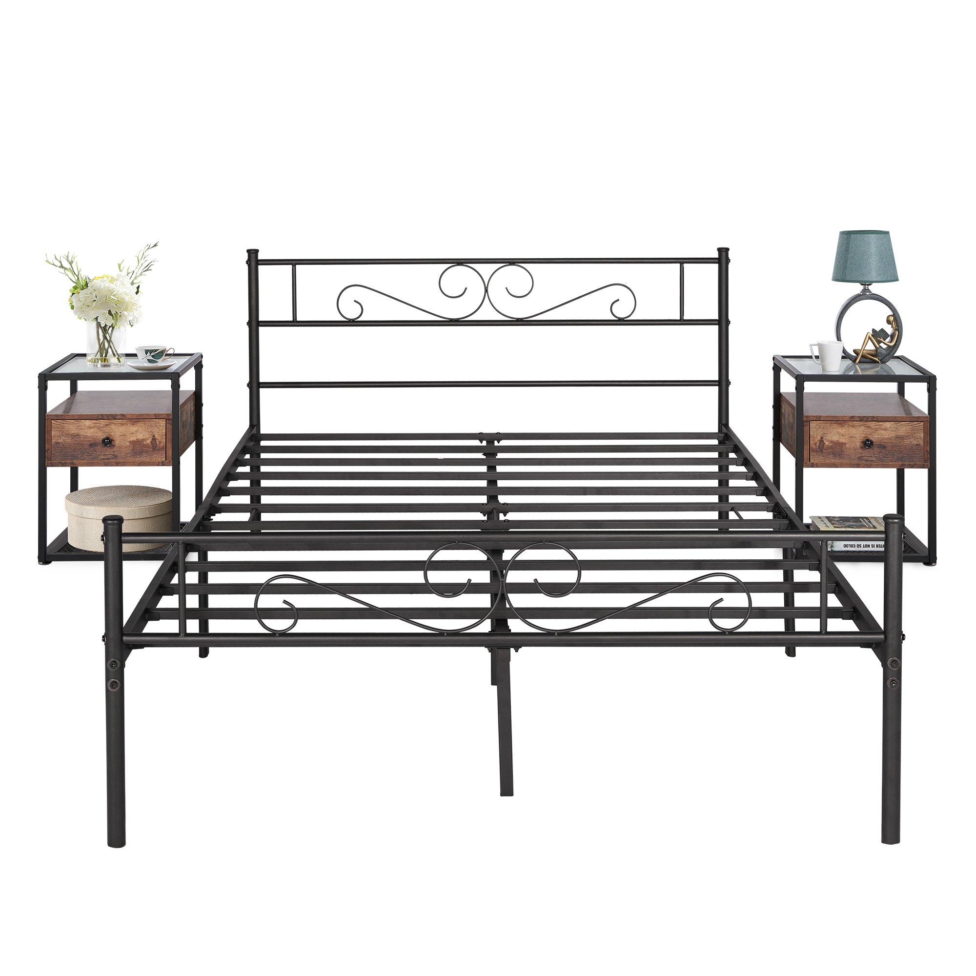 VECELO 3piece Bedroom Set, Metal Platform Bed Frame with 2 Glass Top Nightstand, Queen Size