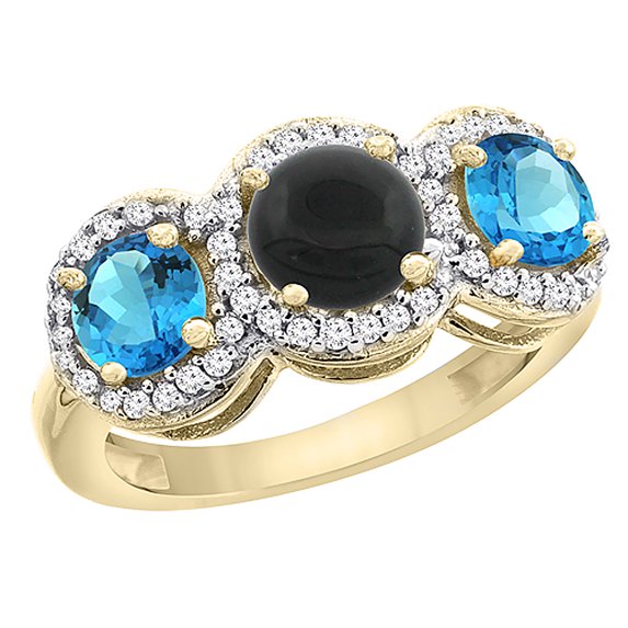 14K Yellow Gold Natural Black Onyx & Swiss Blue Topaz Sides Round 3-stone Ring Diamond Accents, size 5.5