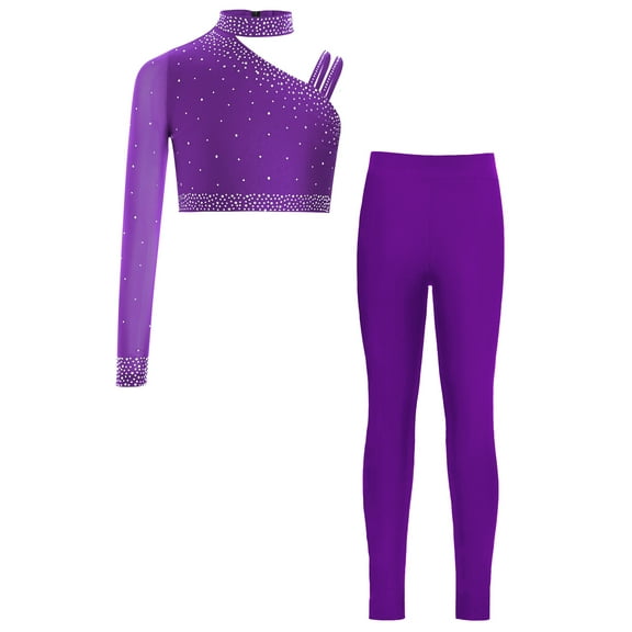 Miutii Kids Girls Modern Jazz Latin Dance Outfits Sparkly Irregular Shoulder Crop Tops with Leggings Trousers Set Purple 14