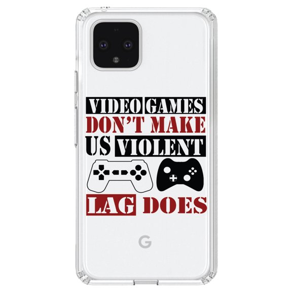 DistinctInk Clear Shockproof Hybrid Case for Google Pixel 4 (6.1" Screen) - TPU Bumper Acrylic Back Tempered Glass Screen Protector - Video Games Don't Make Me Violent Lag Does