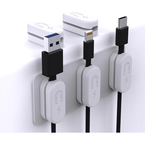 CHARGEWORX Magnetic Cable Clips Cord Organizer for Desk, Car & Nightstands, White, 5-Pack