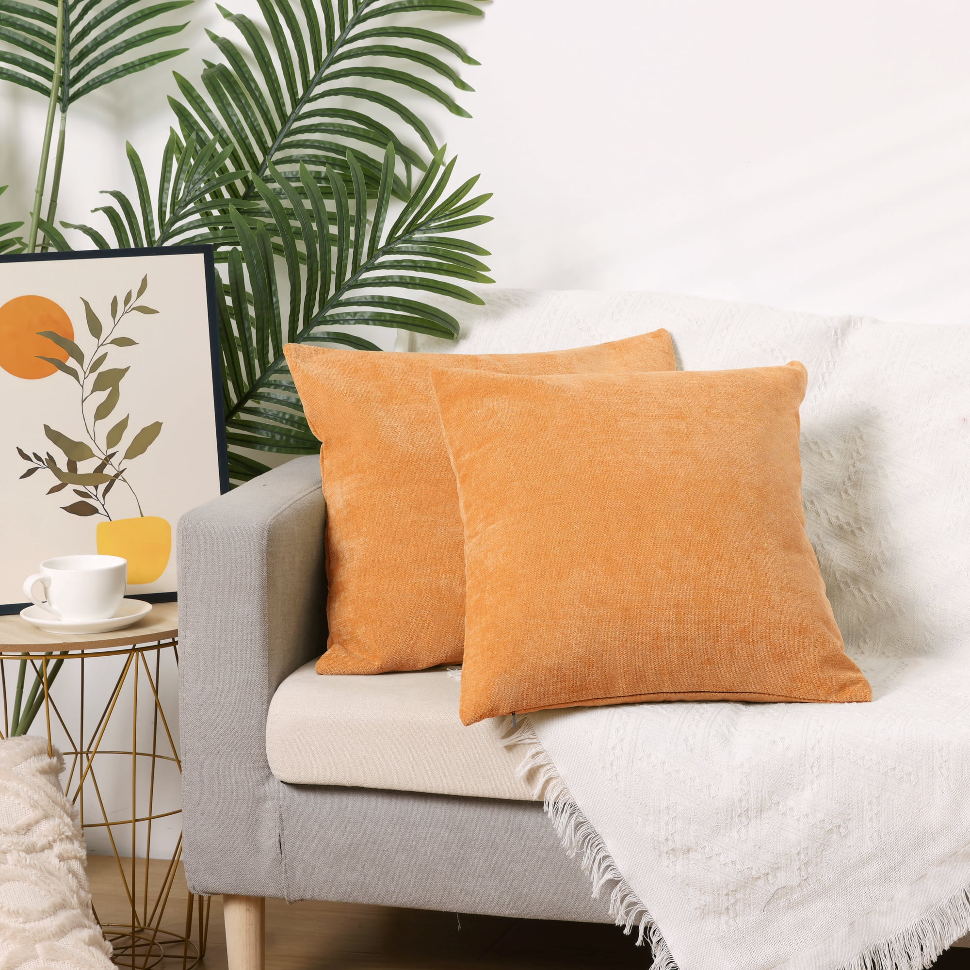 Unique Bargains Solid Chenille Throw Pillow Covers Set of 4 Decorative Pillow Covers Orange/Navy Blue 20" x 20"