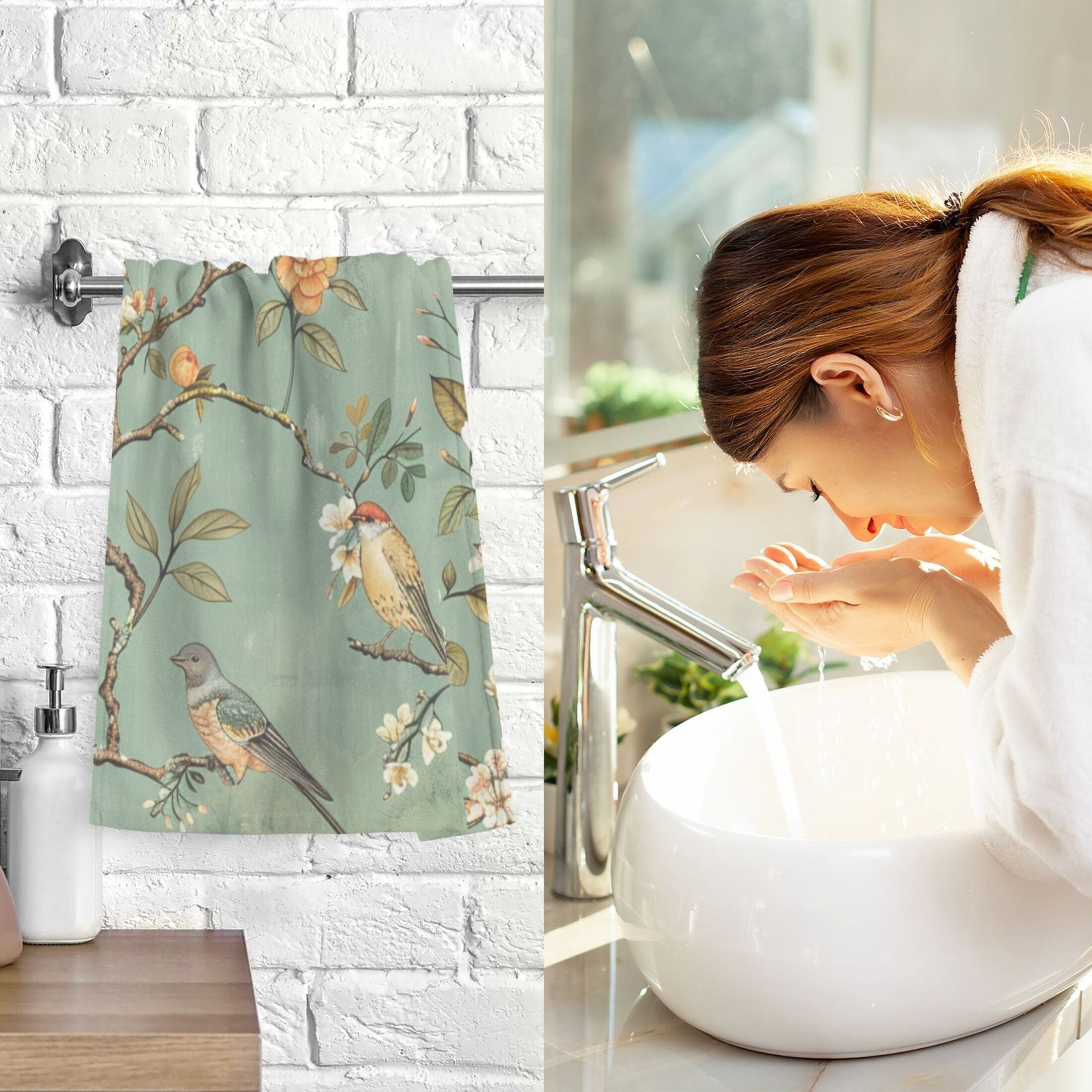 Vintage Chinese Bird and Flower Hand Towel Set 2 Pcs Cotton Absorbent Soft Face Towels 400 GMS Bath Towels for Bathroom Kitchen Shower Hotel Decor 16"x28"