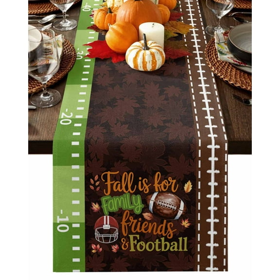 Fall Table Runner Thanksgiving Football Sport Table Runners Autumn Maple Leaves Rugby Cotton Linen Dresser Scarf Kitchen Dining Table Decor for Fall Holiday Party Decor 13x36 Inch