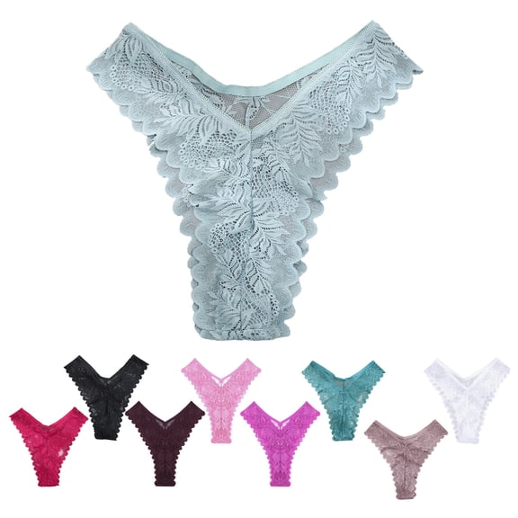 Siminsem High Cut Lace Thong for Women Low Rise Seamless T-Back Panties Sheer Floral Underwear No Show Hollow Out Breathable Cotton Crotch Multipack S-XXL, Light Blue,M
