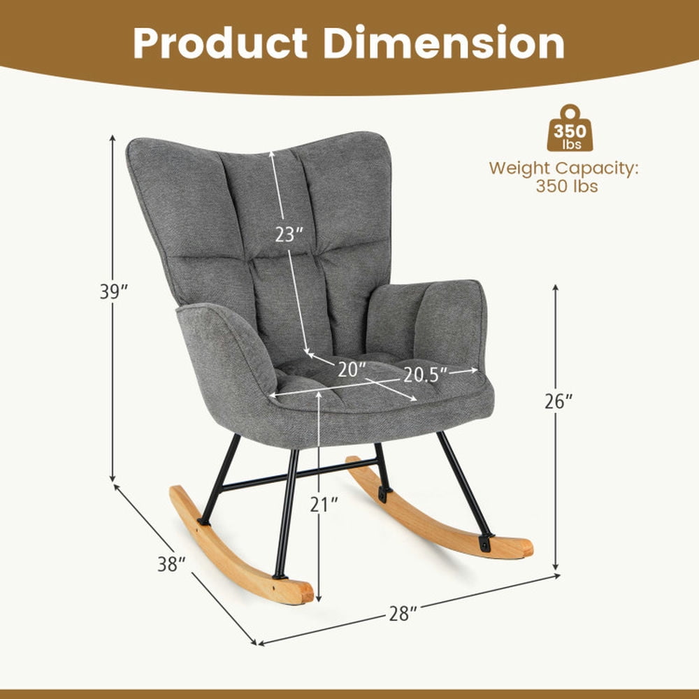 Finihen Rocking Chair, Modern Rocking Accent Chair, Linen Nursery Rocking Chair with High Backrest and Padded Armrests, for Living Room, Bedroom, Dorm, Gray