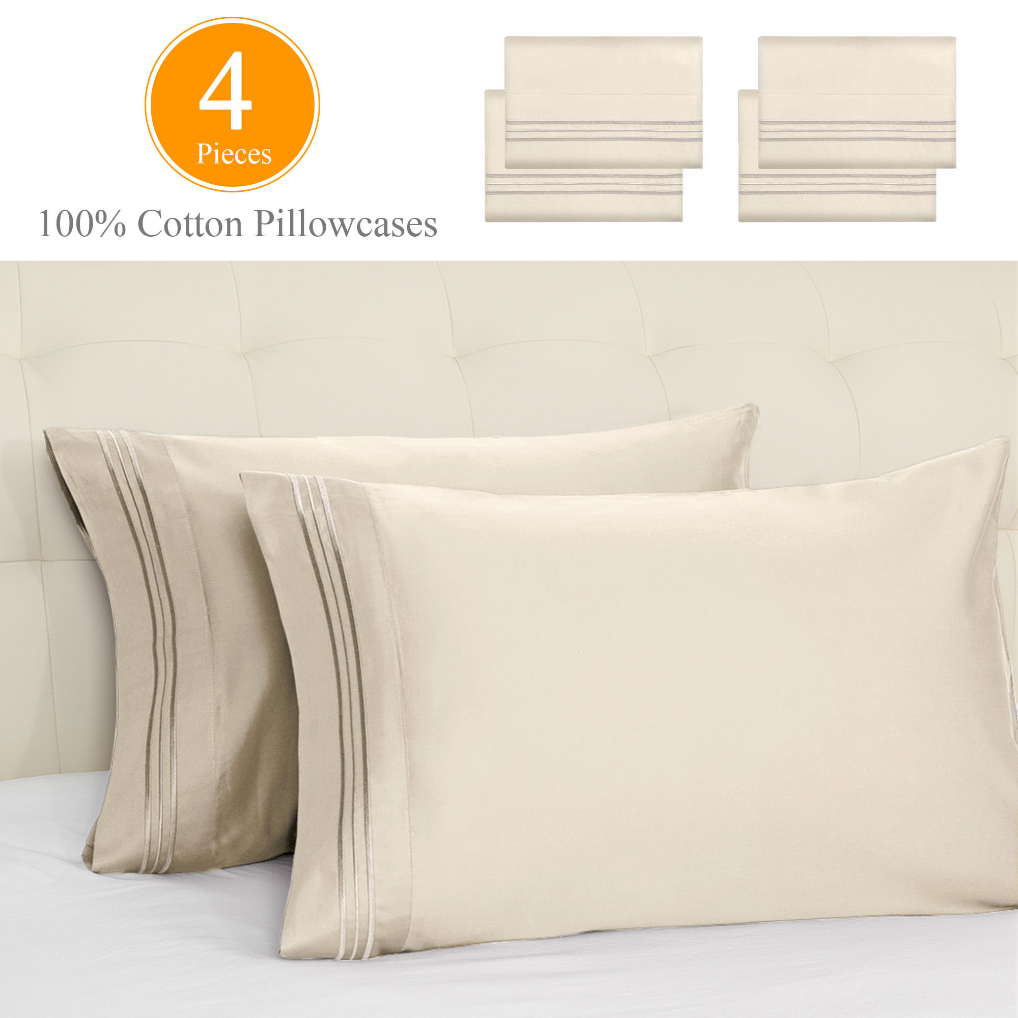 Pillowcase 100 Cotton, 4 Pcs Soft Cool & Wrinkle Free Pillow Case