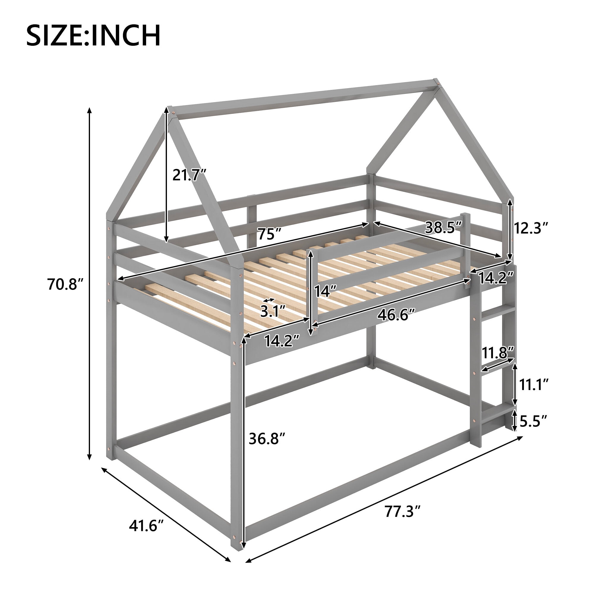 Twin Size Adjustable Bed Base, Twin over Twin Low Bunk Bed, House Bed with Ladder , Gray(OLD SKU:WF197808AAE), Gray Bed Frames,Pine Platform Bed Frames