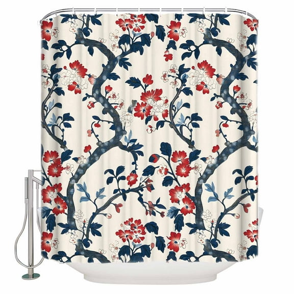 54x78 Inch Shower Curtain Decorative Red Blue Botanical Bathtub Bath Curtains Fabric Waterproof Bathroom Decor Summer Vintage Flower Leaf Branch Small Stall Shower Curtain Set with 12 Hooks