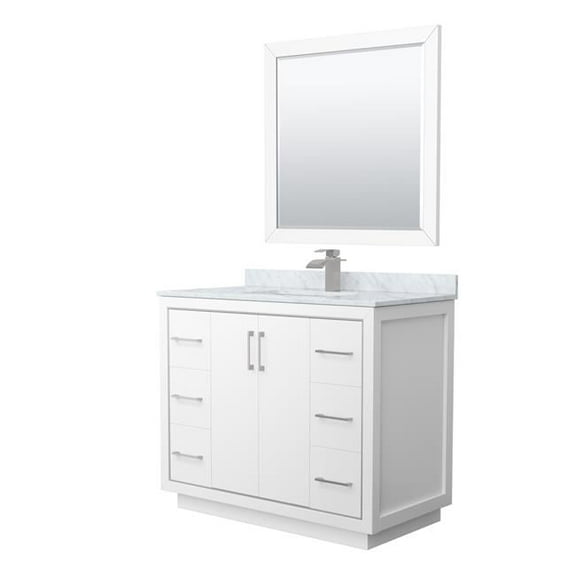 42 in. Icon Single Bathroom Vanity, White, White Carrara Marble Countertop, Undermount Square Sink & Brushed Nickel Trim - 34 in. Mirror