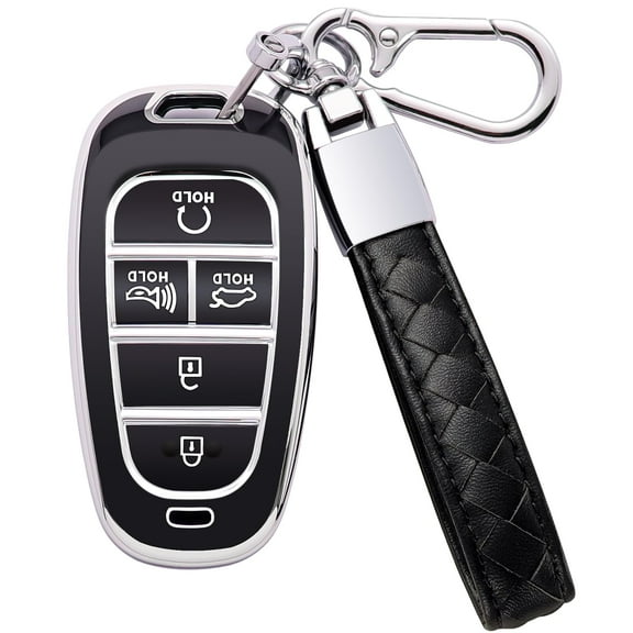 for Hyundai Key Fob Cover 5 Button Soft TPU with Leather Keychain 360 Degree Protection Car Key Case Shell Holder Fits for 2023 2022 2021 2020 Hyundai Sonata Santa fe Tucson