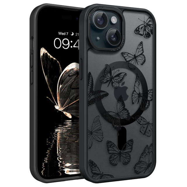 Funda de teléfono BENTOBEN para iPhone 15 Plus, diseño de mariposas, color negro