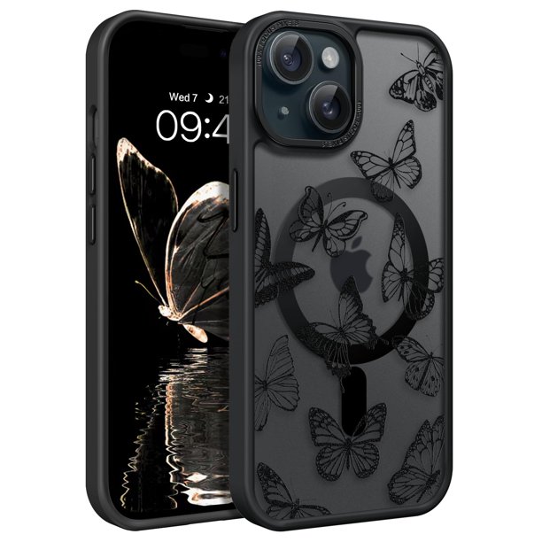 Funda de teléfono BENTOBEN para iPhone 15 Plus, diseño de mariposas, color negro