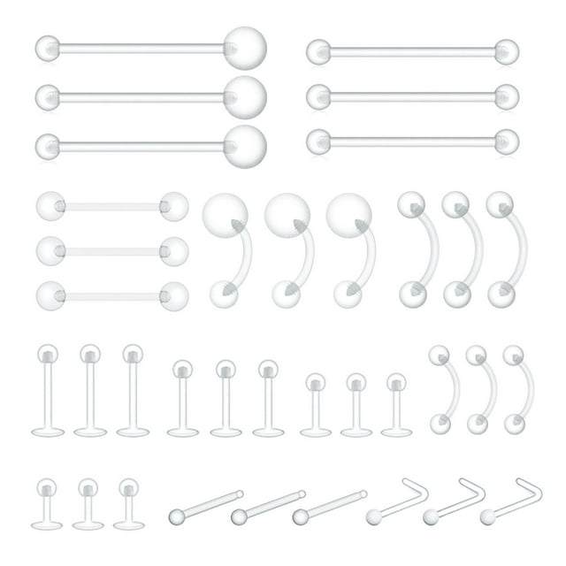 36-Piece Invisible Bio-Flex Plastic Piercing Retainers Set – Hypoallergenic, Lightweight & Flexible for Nipple Rings, Tongue Studs, Nose Studs, Septum, Eyebrow, Belly Button, Ear Cartilage, Lip &