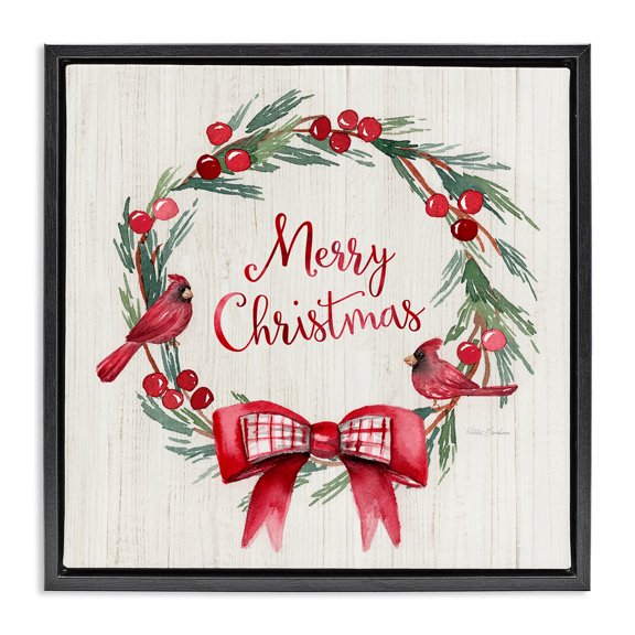 Stupell Industries Farmhouse Merry Christmas Holly Wreath Black Floating Frame Canvas Art, 18 x 18, by Kristen Brockmon