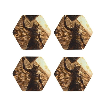 

Coasters Set of 4 - Egyptian Cat Pharaoh Magic Drink Coasters for Tabletop Protection Leather Coasters for Living Room Decor and Housewarming Gift Hexagon