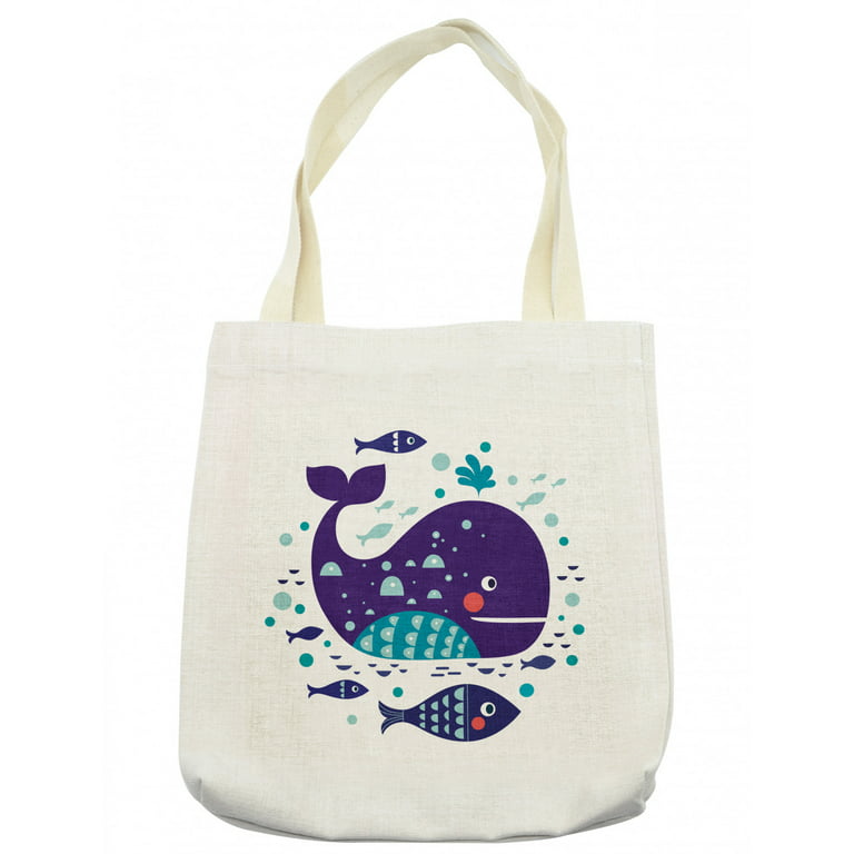Whale Tote Bag, Navy Sea Theme Cartoon Big Fish with Others in