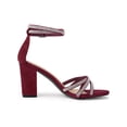 thumbnail image 3 of BLISSFUL STEP Women's Shoes Rhinestone Crisscross Strappy Block Heel Faux Suede Ankle Buckle Sandals Burgundy 9, 3 of 7