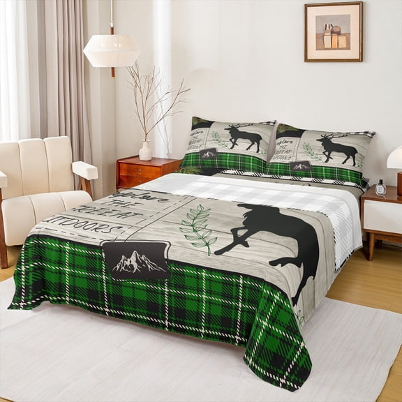 Homewish Magic Moose Deer Twin Sheet Sets, Woodland Wildlife Twin Fitted Sheet, Rustic Adventure Flat Sheet, Microfiber Bedroom Decor, 3-Piece