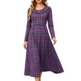 thumbnail image 5 of JUUNthy Women Plaid Midi Dress, Ruffle Collar High Waist Pleated A-Line Long Sleeve Vintage Casual Flowy Dress Beige S, 5 of 13
