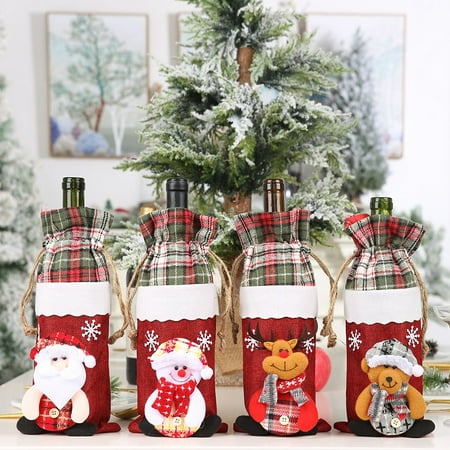 

Christmas Santa Snowman Elk Print Wine Bottle Cover Bag Party Table Decoration Brown Cloth