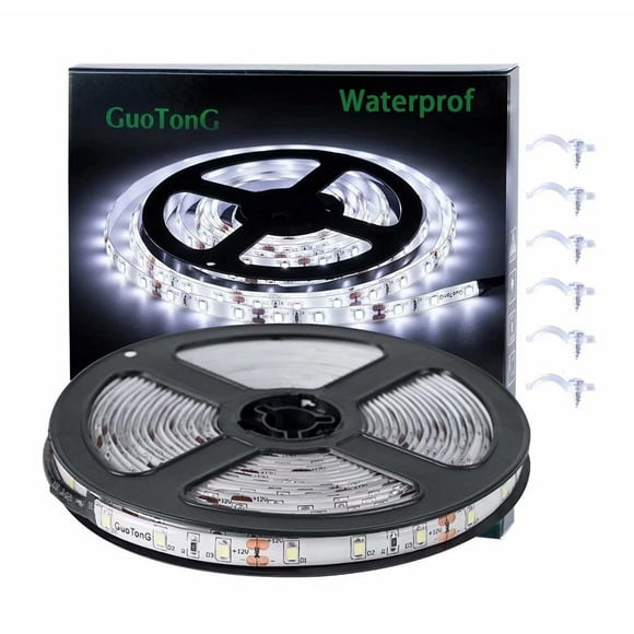 GUOTONG Tiras de Luces LED Blancas, Cinta LED 300 SMD 2835 cortable a Prueba de Agua, Cinta Flexible de 6000 K 12 V 16,4 pies/5 m, iluminación para gabinetes de Cocina, Exterior/Interior