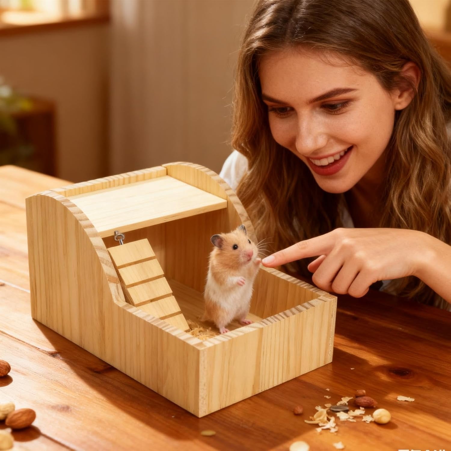 Hamster Sand Bath Container – Wooden Detachable Bathing Box, 5 x 8 x 11.6 Inch for Small Pets Hamsters Gerbils Chinchillas, Cage & Indoor Home Use