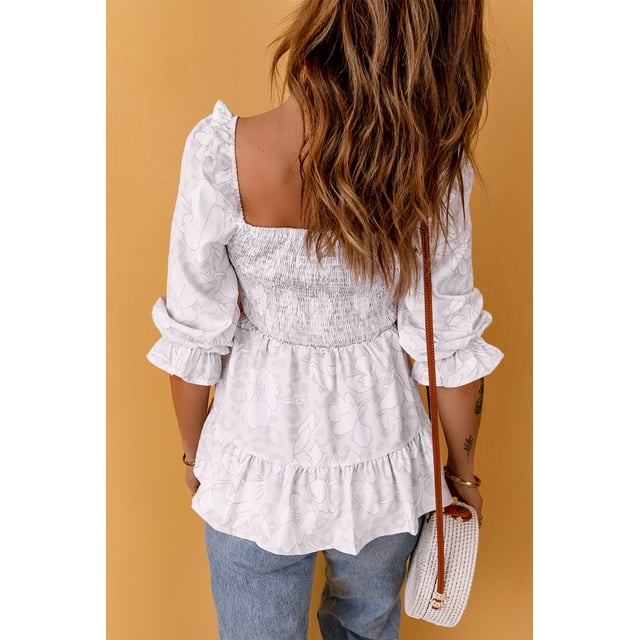 ABPHQTO Top peplum de leopardo floral fruncido con cuello cuadrado para mujer