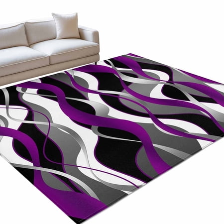 Purple Wave Line 4x6ft Non Slip Area Rug Modern Black Gray White Striped Gradient Washable Soft Area Rugs for Living Room, Indoor Circle Carpet for Bedroom Dining Room Kitchen