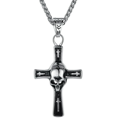 - Men's Stainless Steel Gothic Skull Cross Biker Pendant Necklace