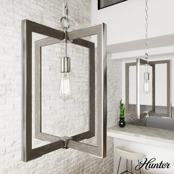 Hunter - Woodburn 1-light Brushed Nickel, Medium Size Pendant Light, Dimmable, Modern Style, Rectangle Shaped, for Bedrooms, Dining, Living Rooms - 19813