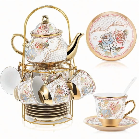 20 Pcs Porcelain Tea Set with Metal Holder and Spoon Adult Ceramic Tea Set European Flower Painting Teapot Cup Saucer Spoon for Women Large Version Minimalist Style