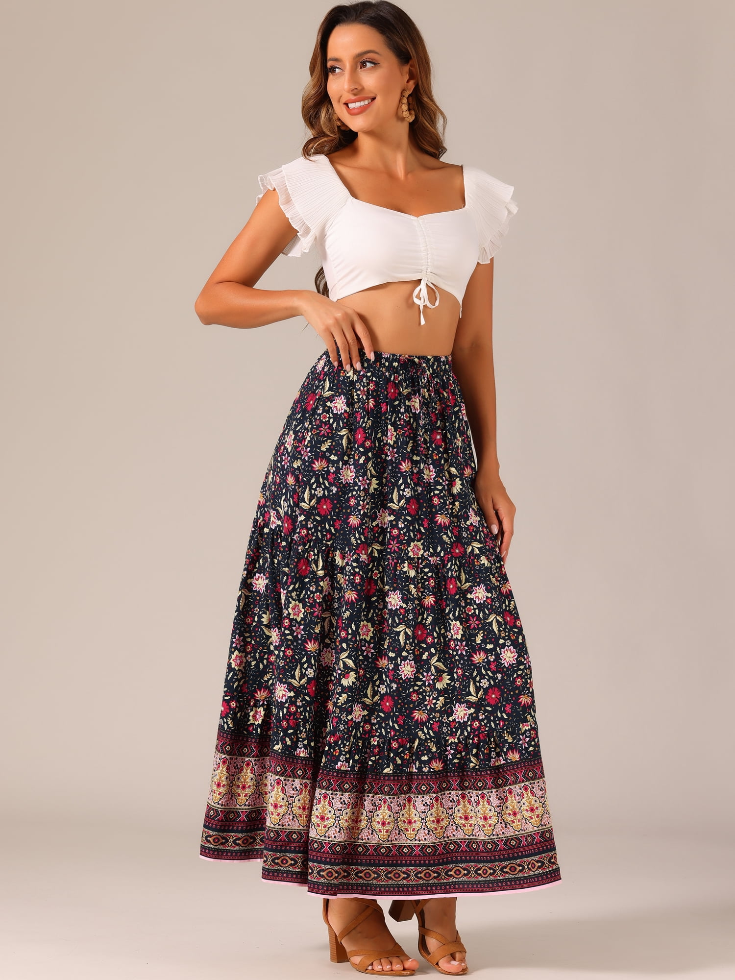 DARING DIVA Women's Boho Flare Floral Skirt XL Black