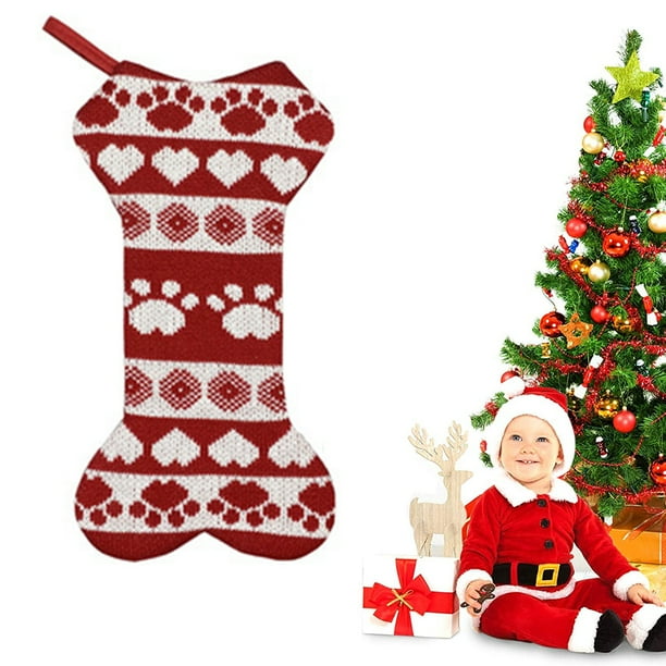 Calcetines de decoración navideña Bolsa de regalo colgante Medias de punto rojo para perros Medias para mascotas con forma de hueso grande para perros Decoración navideña navideña
