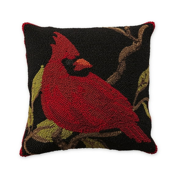 Evergreen Indoor/Outdoor Hooked Pillow, Cardinal 18"x18"