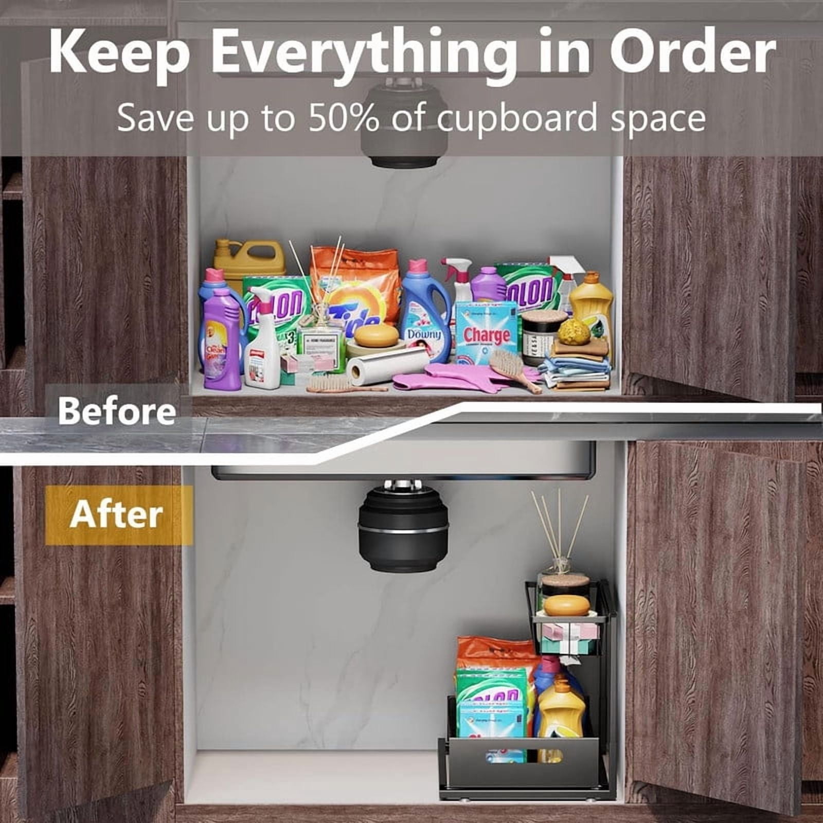 Under Sink Organizers Storage, 2 Tier Under Cabinet Organizer Shelf, Pull Out Kitchen Bathroom Sink Organizer Storage Organization, 2 Pack