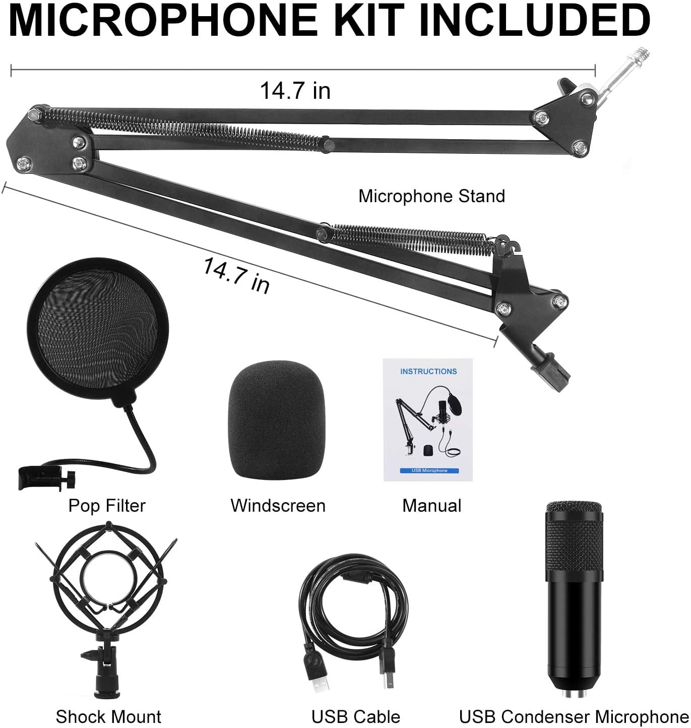 Kit de microfone USB, VeGue 192 kHz/24 bits Streaming Podcast PC  Condensador Conjunto de microfone para jogos, vídeo do , gravação de  música, locução, microfone de estúdio com suporte de braço ajustável (