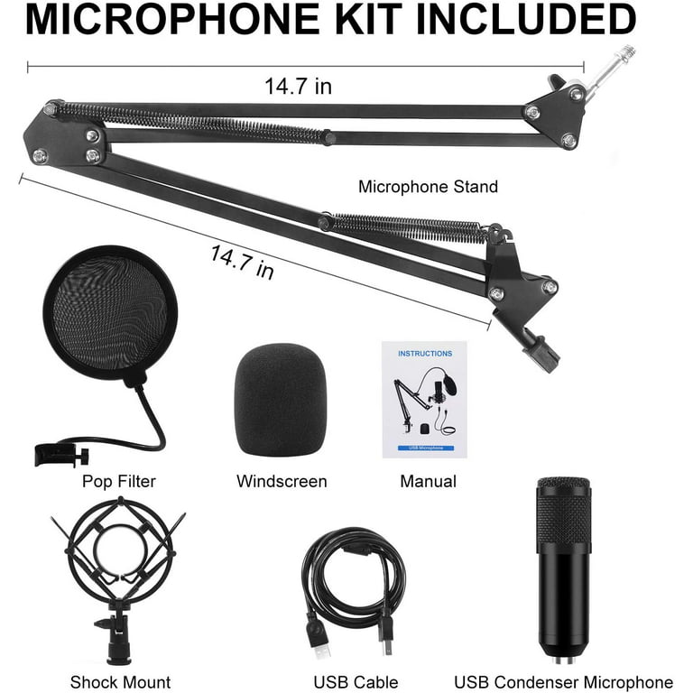 PC21 USB Computer Gaming Microphones Plug & Play, Condenser Microphone with  Noise reduction, Tripod Stand & Pop Filter for Recording Podcasting