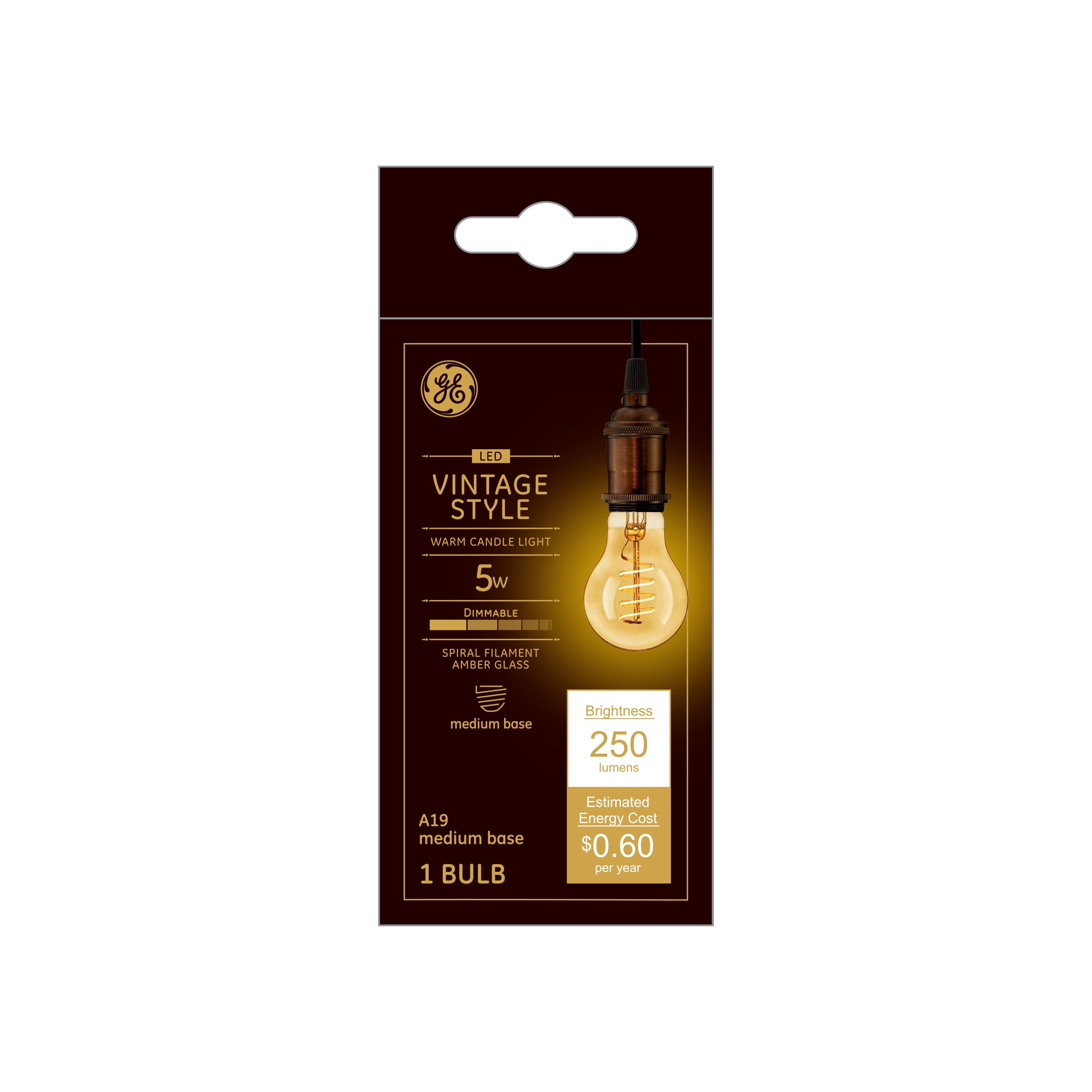 GE Vintage A19 General Purpose 5-Watt LED Light Bulb (60W Equivalent), Dimmable with Amber Finish and Spiral Filament, Medium Base, Single Bulb