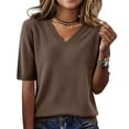 thumbnail image 3 of LEKODE Women Pullover Top, V‑Neck Short Sleeve Ribbed Cuff Knit Sweater for Office Going Out Daily, Casual Coffee M, 3 of 9
