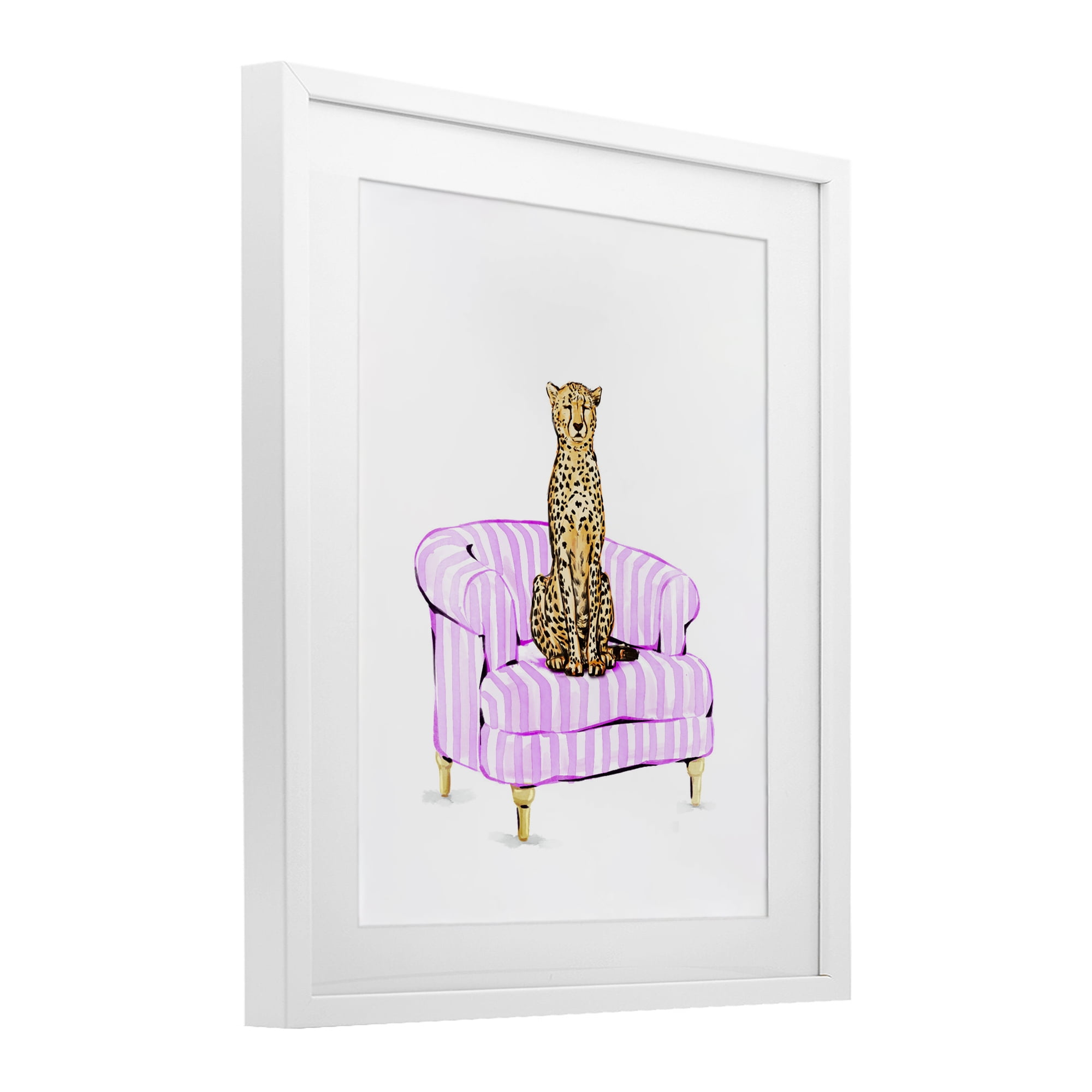 Cheetah on Pink Stripe Chair White Framed Print Under Glass, design by Ziwei Li
