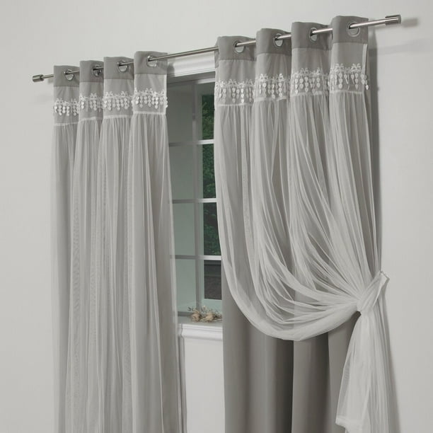 Quality Home Lace Overlay Thermal Insulated Solid Blackout Curtains -  Stainless Steel Nickel Grommet Top - Dove - 52