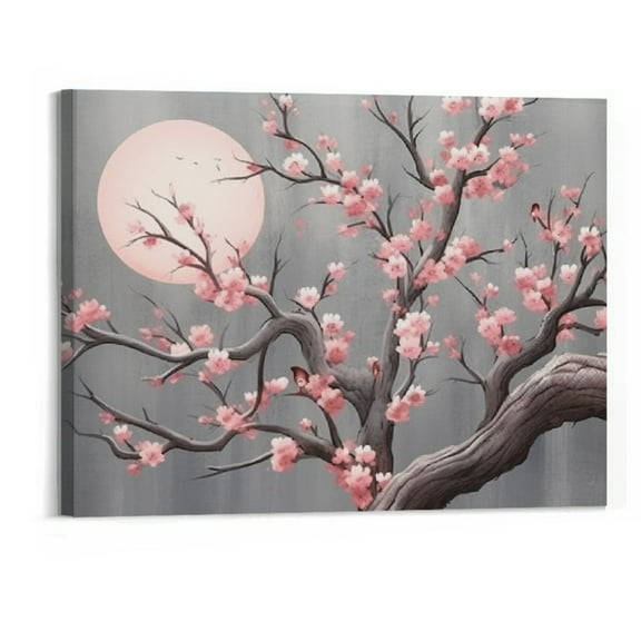 Shiartex  Pink Flower Wall Paintings Cherry Blossom Canvas Prints Artwork Floral Wall Decor 20x16 Inch Botanical Wall Art Moon Art Decor for Living Room Bedroom Office Kitchen