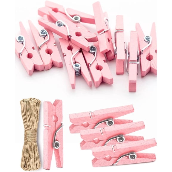 Mini Clothes Pins for Photo, Sturdy Natural Wooden Clothespins 150 Pcs 1 Inch with 33 FT Jute Twine, Small Clips for Crafts Display Baby Shower Game Hanging Decorative Pictures Weddings, Pink